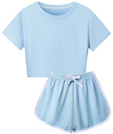 LOIJMK Ensemble de shorts à manches courtes pour enfant - Couleur unie - 8 couleurs - Tenue de loisirs - Tenue de sport - Cyclisme - Jeux - Sport - Pantalon pour fille, bleu, 4-5 ans