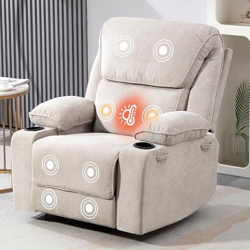 BRTHORY Relaxsessel mit Massagefunktion Fernsehsessel Liegefunktion Vibration Heizung, Dicke Rückenlehne und Armlehnen, Massagesessel mit Wippfunktion, 360°drehbar, Beige