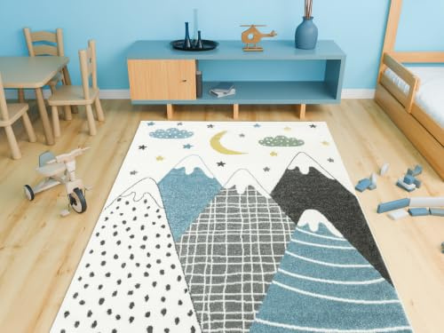 AKCILA Lima Kinderteppich mit Bergen Sternen und Wolken, Creme Türkis | Rechteckiger 120x170cm Kinderteppich, geeignet für Fußbodenheizung; Teppich mit märchenhaftem Bergmotiv für das Kinderzimmer