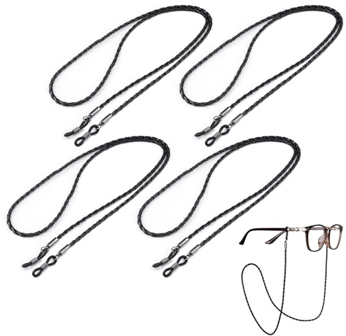 4 Stück Brillenband aus Leder, 70cm UV-Beständiges Brillenbänder und Stoff Brillenbändel, Hochwertiges PU-Leder Wasserfest Eyewear Strap Brillenhalter für Sonnenbrillen & Lesebrillen (Schwarz)