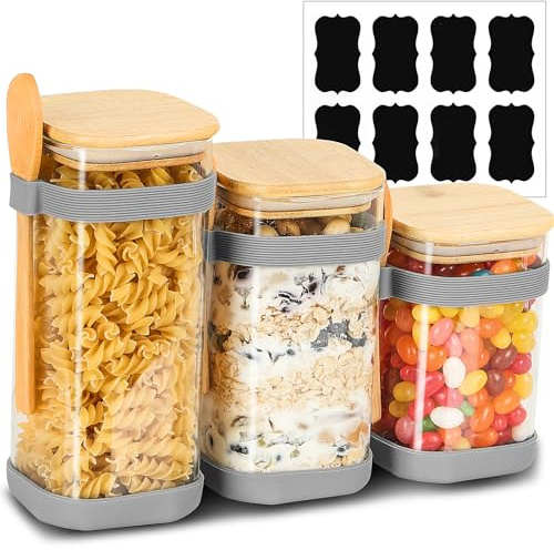 Vorratsdosen Glas 3er Set, 540/600/700ml Gewürzgläser mit Rutschfester Silikonhülle und 3 Holzlöffeln, Vorratsgläser Glasbehälter mit Deckel, Stapelbare Aufbewahrungsgläser Küche Vorratsdose Eckig