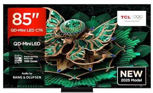 TCL 85C7K QD-Mini TV LED 85 4K HDR Premium 3000 Smart Google TV avec 144 Hz Motion Clarity Pro (Dolby Vision IQ & Atmos, panneau CrystGlow HVA, audio de Bang & Olufsen, Game Master)