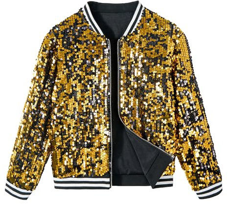LOLANTA Mädchen Pailletten Bomberjacke mit Reißverschlusstaschen Langarm Glitzer Baseball Jacken für Kinder, Schwarz-Gold, 8-9 Jahre, 140