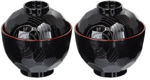 Iewroyt 2PCS Miso Soup Bowls Traditional Japanese Bowls Lightweight Rice with Lid Food Grade Plastic Black and Red Ramen Bowl for Serving Rice Noodle