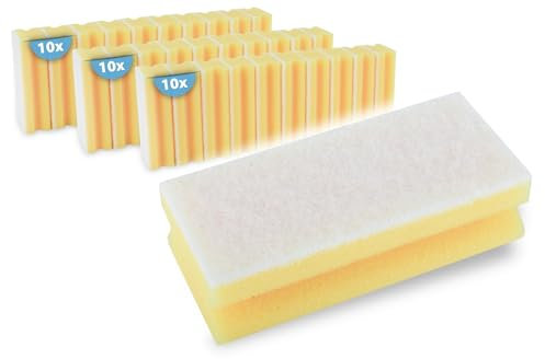 HypaFol Bad Schwamm gelb-weiß 30 Stück I Putzschwamm groß für Bad & empfindliche Oberflächen I Kalkschwamm Bad Set für Waschbecken, Spiegel, Duschkabinen I XL Reinigungsschwamm Bad, 5mm Scheuerseite