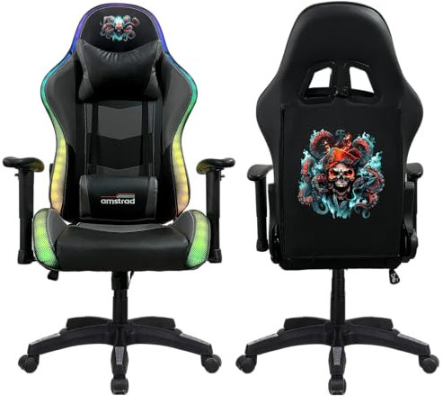 AMSTRAD Chaise Gaming avec LED RGB, Accoudoirs 2D, Dossier Inclinable 165°, Noir et Gris
