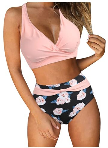 Montre-bracelet radio-pilotée pour homme et femme - Bikini taille haute - Maillot de bain deux pièces - Maillot de bain rétro avec imprimé froncé - Taille haute - Manches longues - Poche poitrine