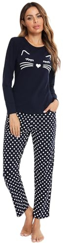 SPKPKEY 2-teilig Damen Baumwoll-Schlafanzug Langarm mit Niedlichem Print Loungewear Nachtwäsche Set