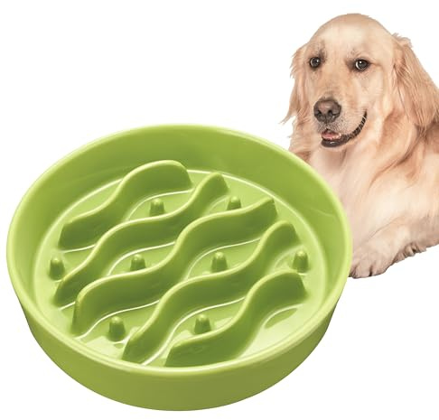 Ceramic Slow Feeder Dog Bowls for Medium and Large Breed, 8-Inch Dog Slow Feeder Bowl for Fast Eaters, 33oz, Lime Green