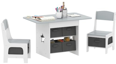 AIYAPLAY Kids Table and Chair Set 6 Removable Drawers Ages 3-8 Light Grey | Toddler Table and 2 Chairs Set, Boys Girls, Classroom, Daycares, Homes, Learning, Drawing, Dining