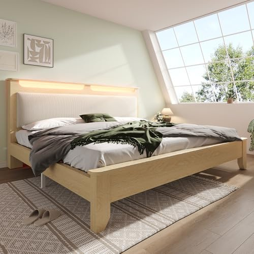 Doppelbett Holzbett 160×200 cm, Bett mit LED Kopfteil mit Stauraum, Beigefarbener Cordpolster Rückenlehne, Bettrahmen mit Holzlatten, Heller Eiche(Ohne Matratze)