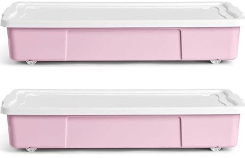 KYY'Z - 2x 47L Wheeled Underbed Storage Boxes with Secure Clip Lids Plastic Storage Containers on Wheels Ideal for Clothes Toys Bedding Organiser Stackable Home Bedroom Storage Pink Box with White Lid