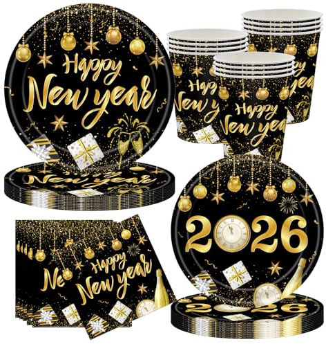 CANCJ Silvester Geschirr Set,50-teilige Party Tischdeko für Neujahr mit 10 Papptellern,Tellern,Bechern,Servietten,Einweg Partyset für Silvester & Neujahrsfeier Deko