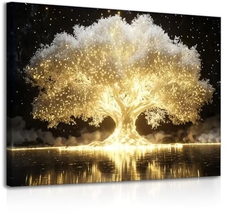 Dazzlewall Encadré Art Mural Enchanteur d'Arbre de Vie Lumineux, Impressions sur Toile d'Arbre Doré Magique Fantastique avec Réflexion pour Chambre et Salon 12x16 pouces