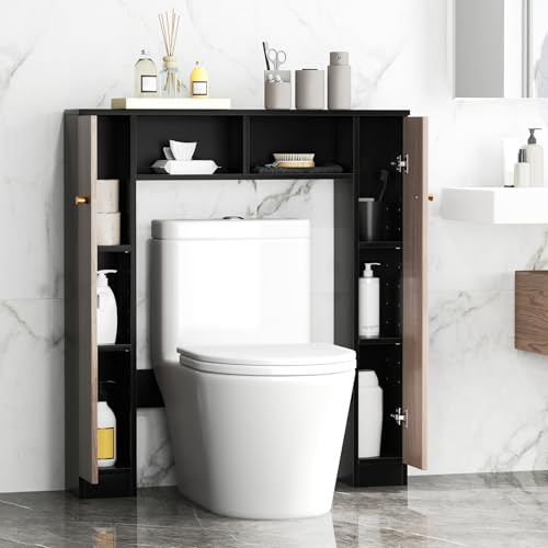 GOPLUS Meuble WC Étagère au-Dessus des Toilettes, Organisateur de Rangement Autoportant de Salle de Bain avec Doubles Portes & 4 Étagères Réglables (Noir+Gris)