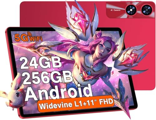 2026 Tablette 11 Pouces Android 24Go RAM+256Go ROM(2 To TF),Octa-Core 2.0Ghz, 8000mAh, 5G WiFi, Widevine L1, 2K Écran GMS 5MP+13MP, Bluetooth 5.0, FHD 1280 * 800,Tablette Tactile de jeu avec Cas-Rouge