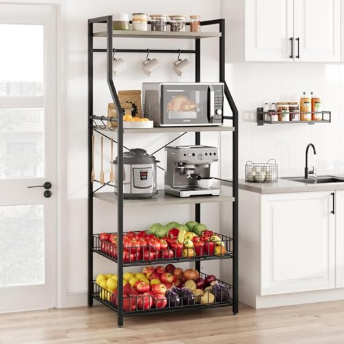 GarveeMore Mueble microondas Cocina con Gran Capacidad,Estantería 5 Niveles para Microondas de Cocina,con 6 Ganchos para Especias y Organizador de Ollas,60 * 40 * 146 cm(Gris)