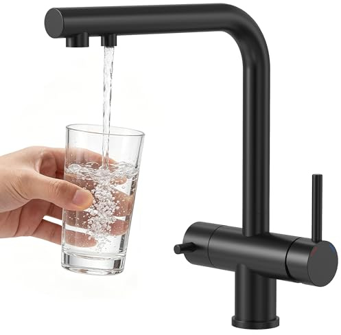 Wasserhahn Küche 3 Wege, 360° Drehbar Küchenarmatur, 3 in 1 Mischbatterie für Wasserfilter, Trinkwasserhahn mit 2 Hebel, Drei Wege Armatur Küche aus Edelstahl, Schwarz