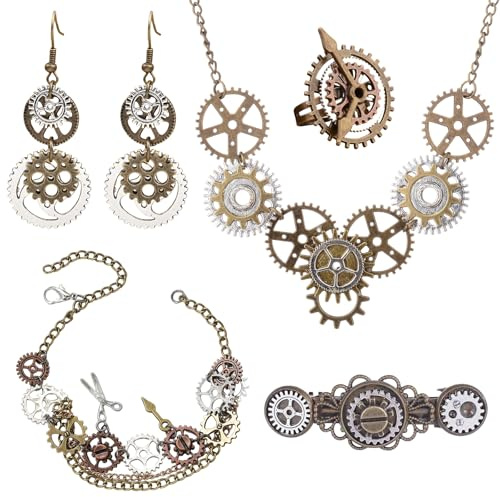 HTTDSLF 5 Stück Steampunk Accessoires Damen Kostüm Zahnräder Halskette Ohrringe Haarnadel Armband Ring Vintage Metall Zahnrad Steampunk Schmuck Set für Frauen für Karneval Halloween Retro-Party Kostüm