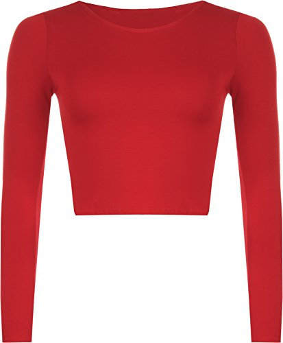 Womens Crop Long Sleeve T Shirt Ladies Short Plain Round Neck Top - Red - 12/14