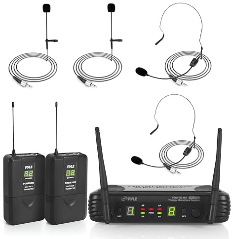 Pyle 2 Channel Wireless Microphone System - Portable UHF Digital Audio Mic Set with 2 Headset, 2 Lavalier lapel, 2 Transmitter, ¼’’ cable, power adapter - For Karaoke, PA, DJ, - PDWM3400,Black