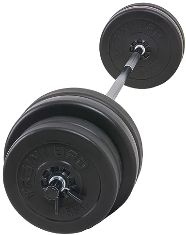 Langhantelset aus 1,6 m Hantelstange mit 60 kg Gewichten (4 x 5 kg, 4 x 10 kg) und Verschlüsse