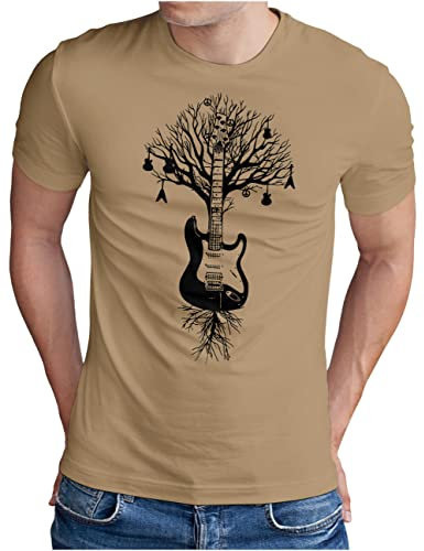 OM3® Musik Baum Gitarre T-Shirt | Herren | Guitar Tree Roots Musiker | Khaki, XL