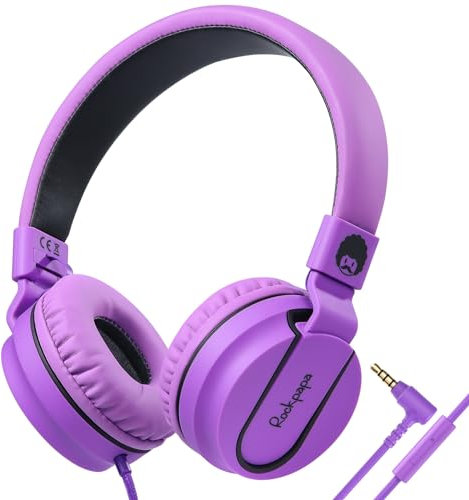 Rockpapa On Ear Foldable Headphones Earphones with Microphone for Kids Childrens Boys Girls, MP3/4 CD/DVD Players Computer Tablets Mobile Black Purple