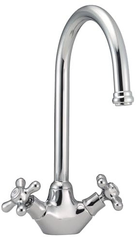 Deva Venetian Mono Kitchen Sink Mixer Tap with Chrome Finish 360° Swan Swivel Spout-Easy Use Hot & Cold Silver Flow Cross Handles-for Dual Single Basin-12 Year Warranty SM057