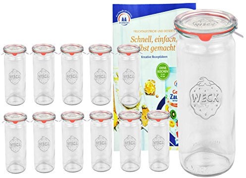 12er Set Original WECK 1/2-Liter Zylinderglas, Rundrandglas RR60 + Glasdeckel + Dichtring + Weck-Klammern + Rezeptheft, 600 ml, Einmachglas, Einkoch-Set, Einlegen + Konservieren glasklare Weckgläser