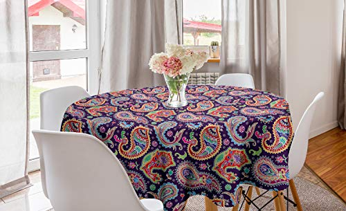 ABAKUHAUS Paisley Runde Tischdecke, Retro Hippie-Motive, Kreis Tischdecke Abdeckung für Esszimmer Küche Dekoration, 150 cm, Lila