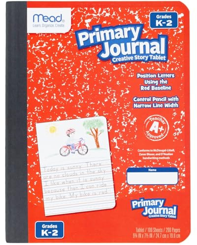 Mead Primary Journal Grades K-2 Kindergarten Writing Tablet, 6 Pack Red Primary Composition Notebook K-2, 100 Sheets (200 Pages) Story Notebooks for Preschool, 1st & 2nd Grade Classroom Kids.