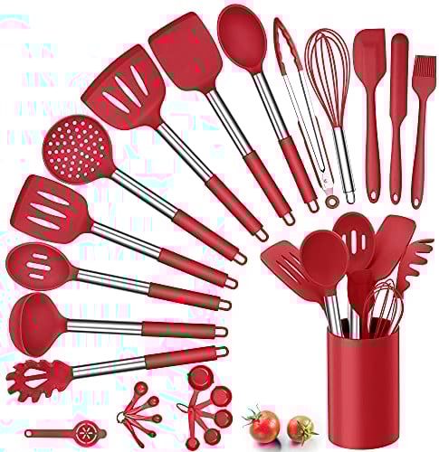 Silicone Kitchen Utensils Set, Herogo 25 Pcs Cooking Utensil with Holder, Heat Resistant Kitchen Tools with Stainless Steel Handle for Non-Stick Cookware, Turner Spatula Spoon Tong Brush Whisk, Red