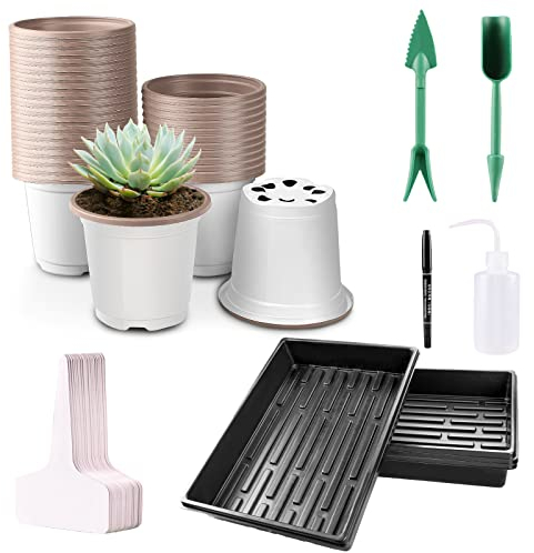FUCNEN Lot de 50 petits pots de semis et plateaux blancs pour semis avec étiquettes/4 plateaux sans trous en plastique pour culture hydroponique, semis, boutures de plantes