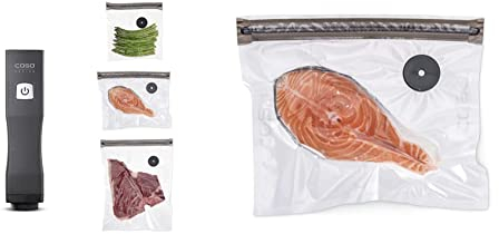 CASO Vacu OneTouch - Handvakuumierer inkl. Zubehör, 10 ZIP-Beutel, 2 ZIP-Locker, CASO Food Manager Sticker, bis zu 150 Minuten Akku-Laufzeit & Vacu ZIP-Bags 26x23 cm, 20 Beutel, SousVide geeignet