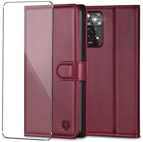 Handyhülle für Xiaomi Redmi Note 11 /Note 11S Hülle mit Panzerglas Schutzfolie PU Leder Klapphülle Brieftasche Kartenfach Ständer Magnet Handytasche Case Schutzhülle für Redmi Note 11 /11S - Weinrot