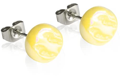 Runde Ohrstecker mit gelbem Stein in Perlmuttoptik • Bunte Ohrringe für Damen • Nachhaltiger Modeschmuck aus Edelstahl & Glas • Ø 8mm