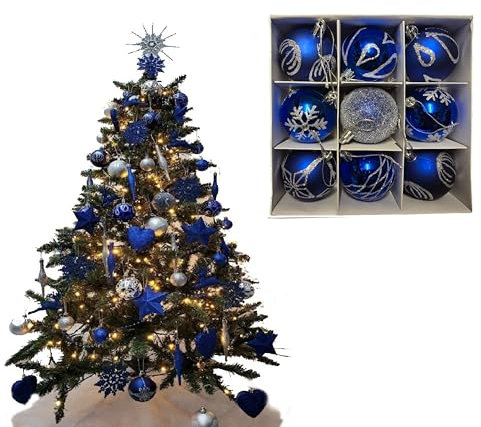 9pc Luxury Premium Baubles, Christmas Tree Bauble Decorations Matte, Glitter, shiny & Frosted (6cm) (Navy)