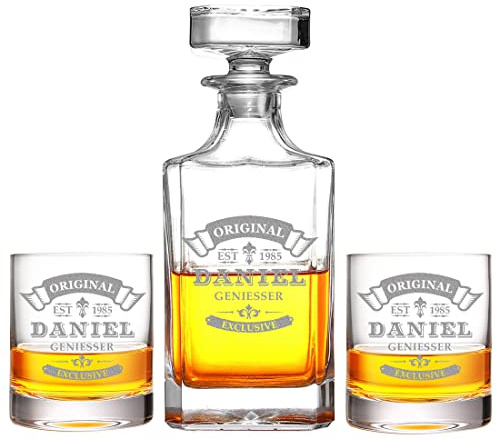Lot de 3 carafes à whisky avec gravure personnalisée – Motif original exclusif – Verre en cristal – 1 carafe 700 ml, 2 tumblers à whisky 320 ml – whisky, scotch – Décoration d'anniversaire, bar