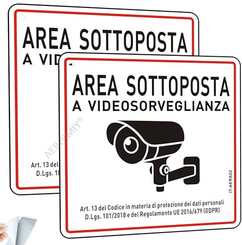 Cartello Area Videosorvegliata Alluminio Riflettente 15x15 cm, Cartello Videosorveglianza Adesivo Cartello Area Videosorvegliata a Norma GDPR, Protezione UV, Impermeabile, Antiruggine, Con fori
