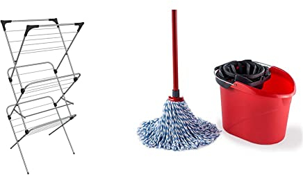 Vileda Sprint 3-Tier Clothes Airer, Indoor Clothes Drying Rack with 15 m Washing Line, Silver & SuperMocio Microfibre and Cotton Mop and Bucket Set, Mop for Cleaning Floors