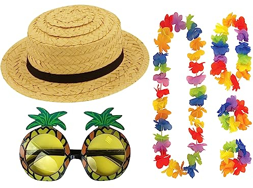 labreeze Adults Straw Boater Hat Pineapple Glasses 4Pcs Lei Set Hawaiian Summer Beach Party Fancy Dress