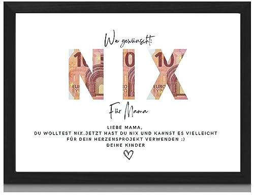 Milaboo® personalisiertes Geldgeschenk zum Geburtstag NIX I Hahnemühlen Papier Made in Germany A3 A4 A5 I mit Bilderrahmen schwarz oder weiß