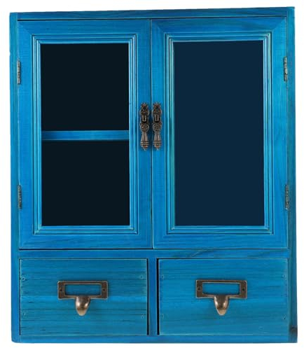 Homoyoyo Mueble De Pared para Baño Mueble De Almacenamiento De Cocina De Madera Vitrina De Pared con Puertas Dobles De Vidrio Y Cajones Pequeños para Cuarto De Lavado Baño Azul