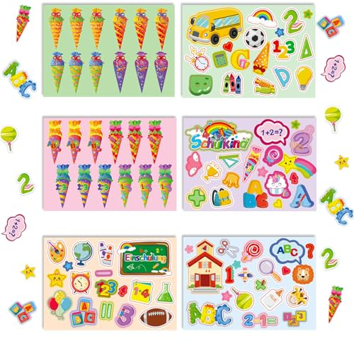 6 Blatt 3D Sticker,Einschulung Sticker Schulanfang Aufkleber, ABC Buchstaben Zahlen Zuckertüte Kindergeburtstag Party Spielen