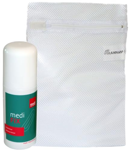 Medi Fix Hautkleber- Haftkleber - Klebe-Lotion für sicheren Halt von Kompressionsstrümpfen inklusive Olanmarp Wäschenetz (1 X 50 ml)