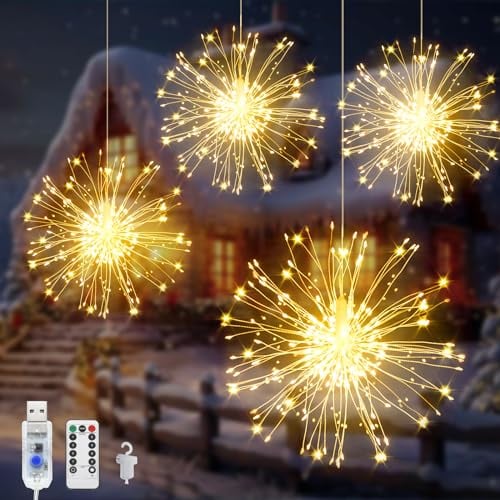 Acxilexy 4 Stück Feuerwerk Lichterkette - 480 LEDs USB Hängende Lichter, 8 Modi Wasserdicht, Fernbedienung, Kupferdraht für Balkon Garten Deko
