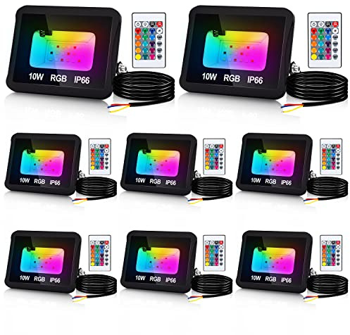 Yakimz 10W RGB Strahler mit Fernbedienung, 8 Stück Farbwechsel RGB LED Scheinwerfer, 16 Farben 4 Modi, IP66 Wasserdicht Außenstrahler für Garten Garage Baum Hochzeit Stimmungslichter