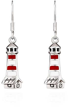 NKlaus Paar 25x8mm Ohrhänger Leuchtturm Rot Weiß 925 Silber Durchzieher Motiv Ohrringe 15775