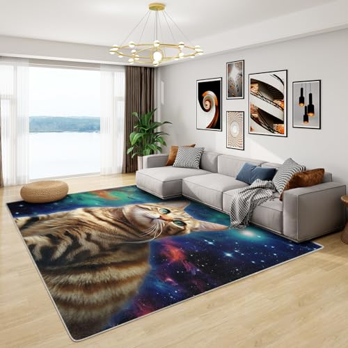 Teppich Katzenmotiv - Teppich Wohnzimmer Schlafzimmer Katzen, Großer Teppich Galaxy, Weich Kurzflor & Waschbar & rutschfest Wohnzimmerteppich, Kinderteppich, Bettvorleger 160x230 cm